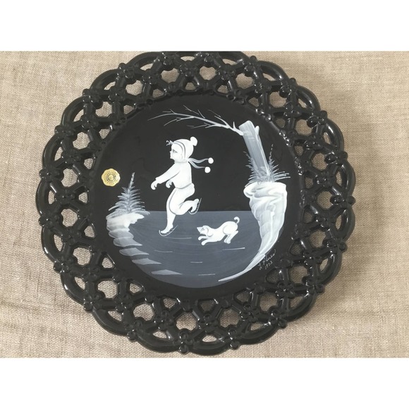 Vintage Westmoreland Black Scalloped Plate Boy with Dog Skating 1970's - Picture 1 of 4